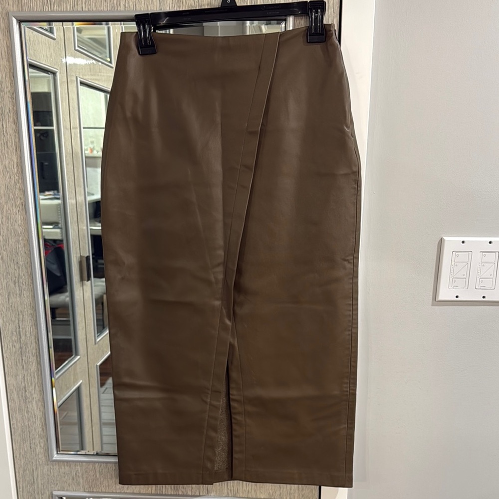 Leather-Look Midi Pencil Skirt in Olive Brown